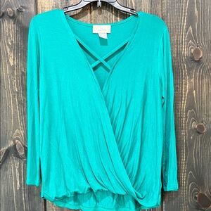 NWOT Selfee Surplice Top S M L Teal Criss Cross Flowy Boho Long Sleeves Casual
